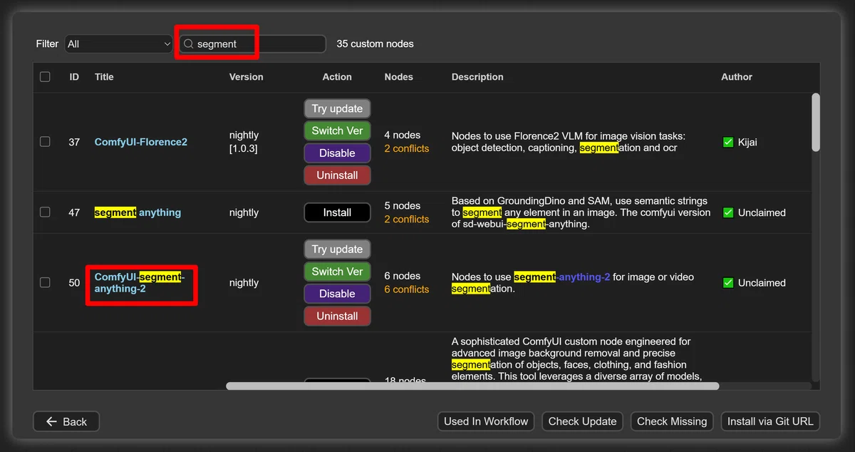 comfyui manager's segment anything 2 search screen