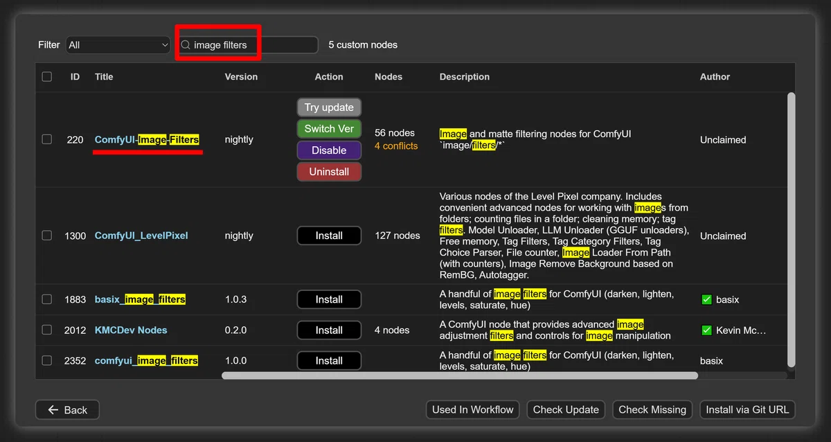 comfyui manager's image filters search screen