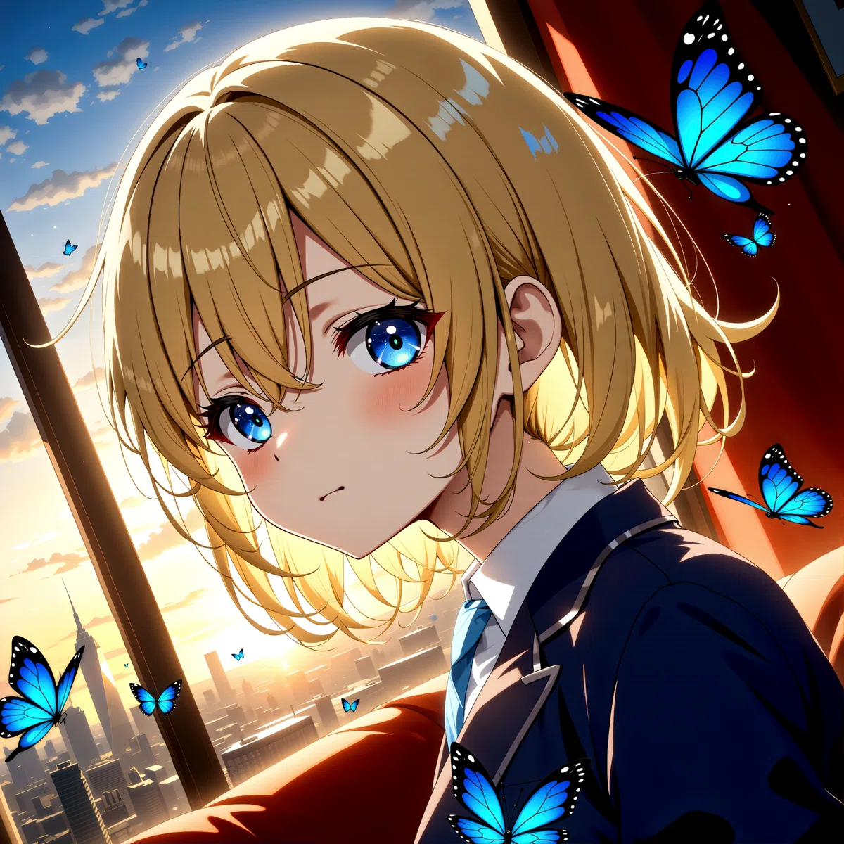 a female animated character with blonde hair and blue eyes sits in a room with a city skyline view surrounded by blue butterflies and bathed in warm golden light