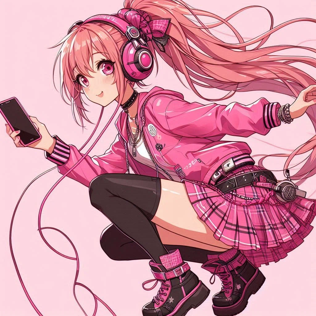 スマホを片手にヘッドフォンをかけ、驚いた表情の女子高生。ピンクの髪、ポニーテール、キャミソールとパーカー。