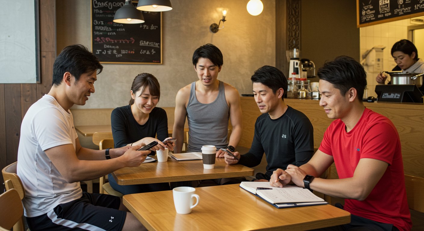 筋トレ仲間と情報交換する様子