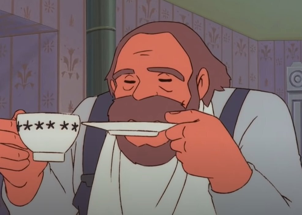 ソーサーからお茶を飲むマシュウ (日本アニメーション)