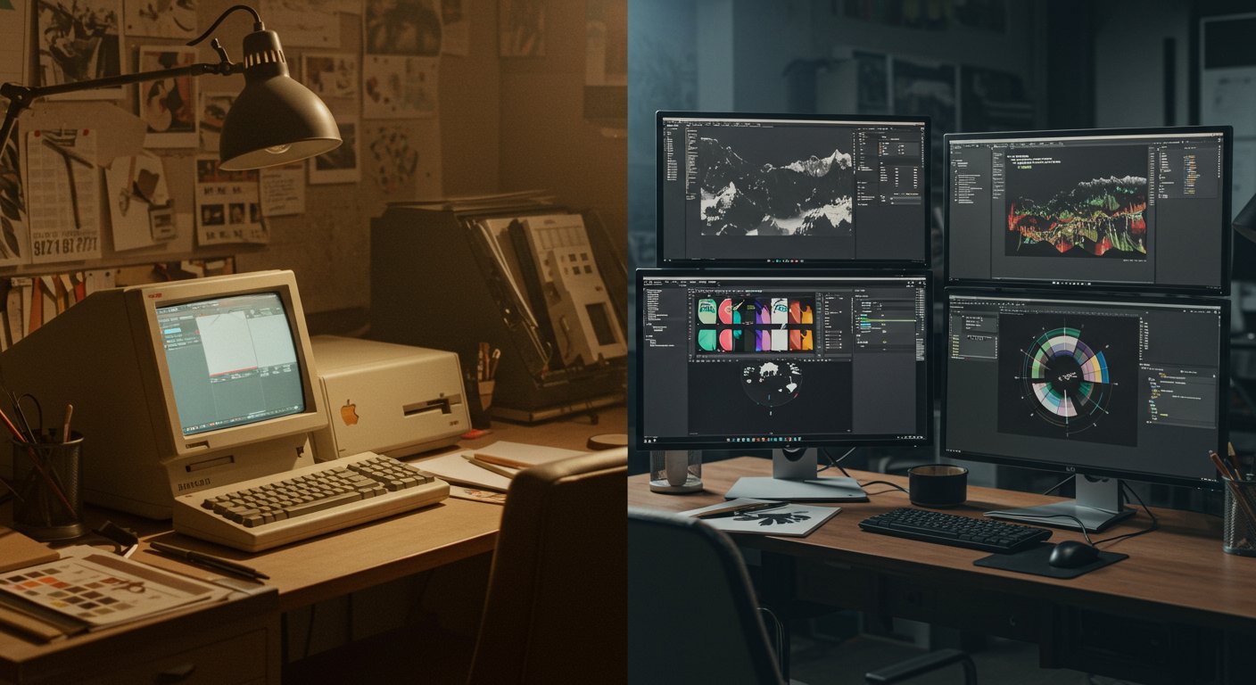 昔のDTP作業と現代のデジタルデザイン環境の比較