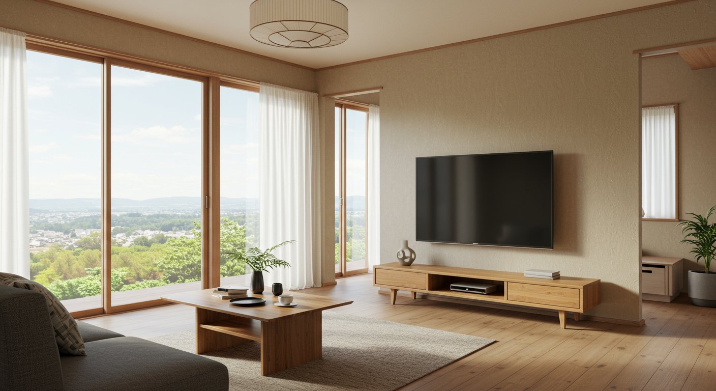 壁掛けテレビのある広々としたリビングルーム