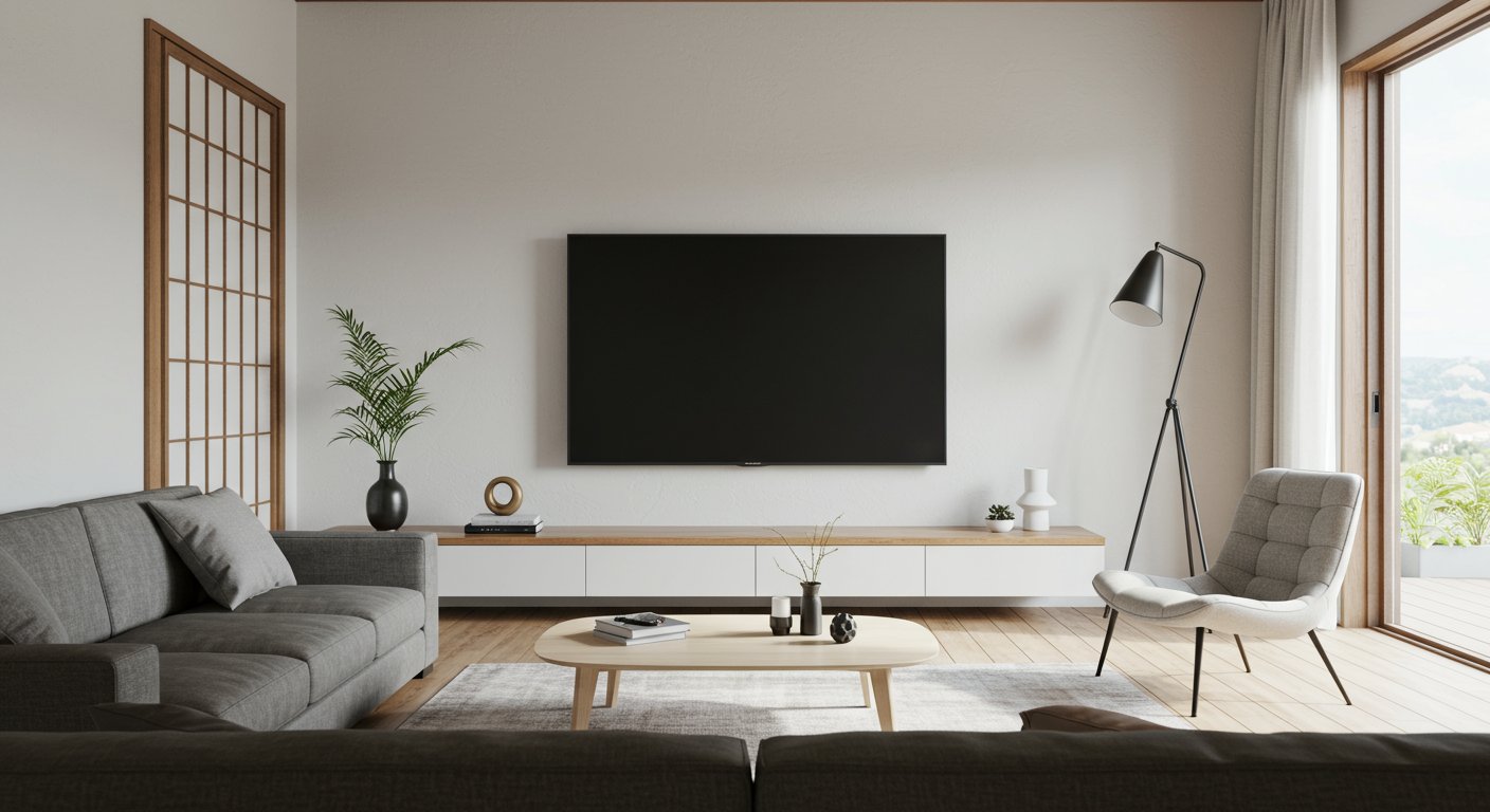 モダンなリビングルームに壁掛けされた50インチテレビ