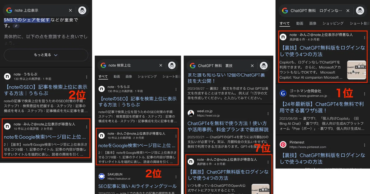 別のキーワードでも上位表示できている2記事の画像