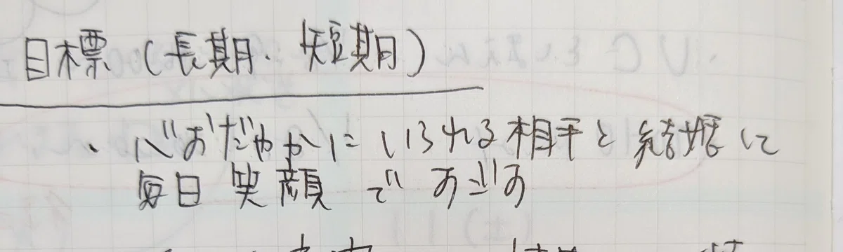 結婚の決意を書いたノートの写真。「心穏やかにいられる相手と結婚して、毎日笑顔で過ごす」