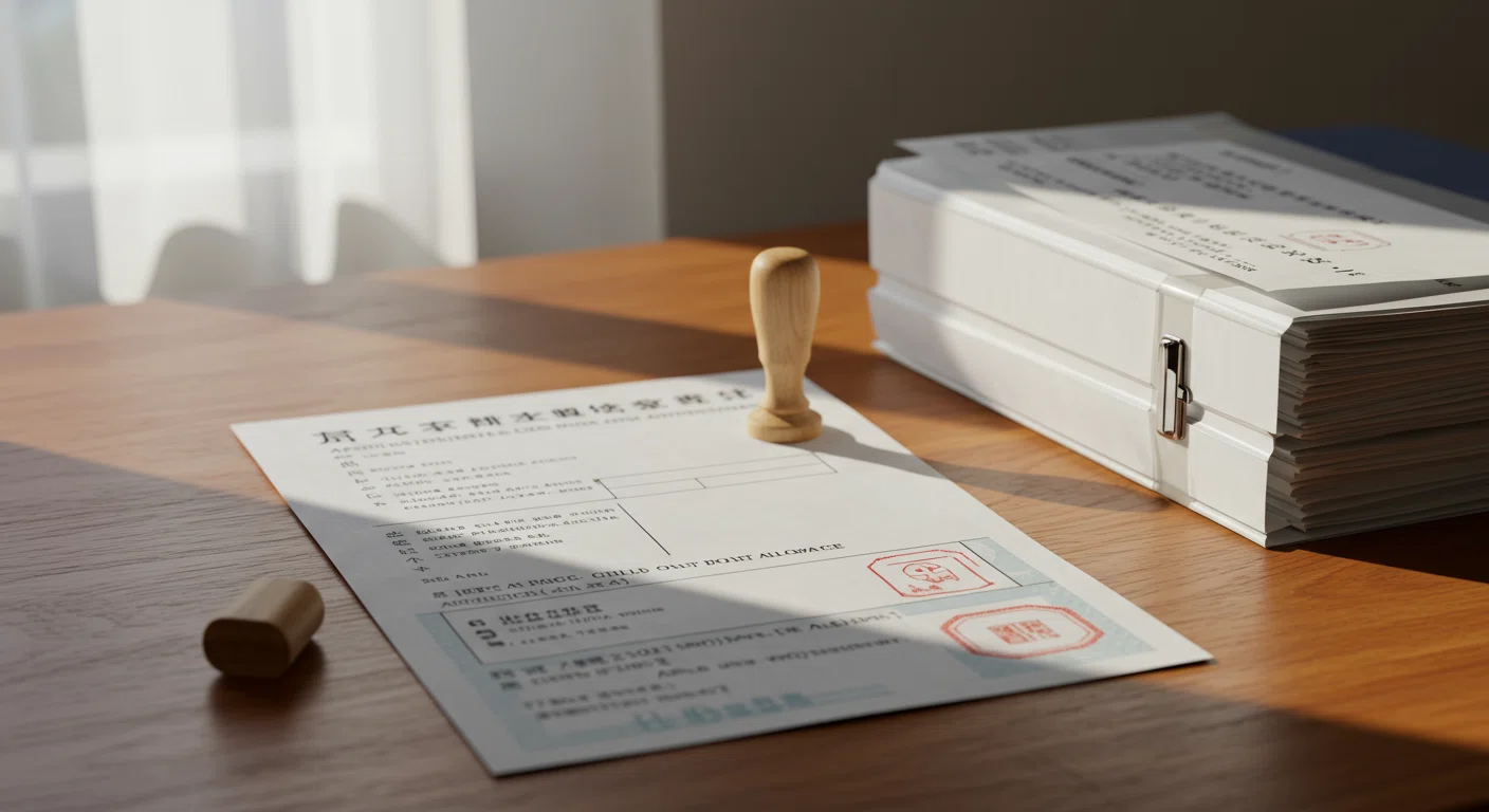 児童扶養手当の申請書と必要書類が整理されたデスク