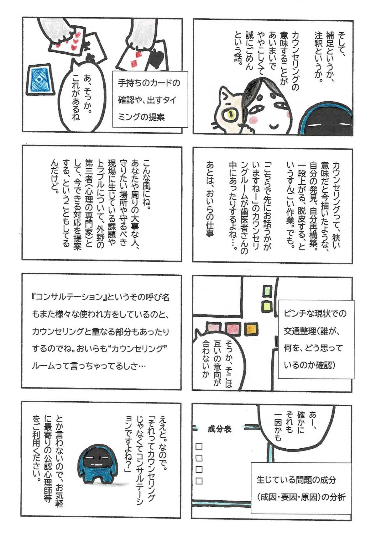 そんなカウンセリングと、コンサルテーションの違いというか重なりについて説明。そもそも『カウンセリング』という言葉が様々に使われている現代。「コンサルテーションもやってます」と言っても混乱必至…と思いつつお詫びのマンガ。