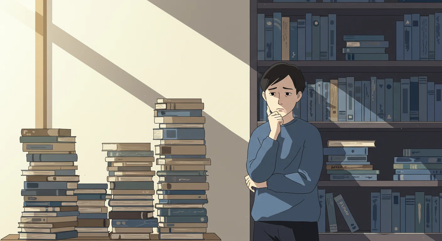 積み重なった本と悩む人のイラスト