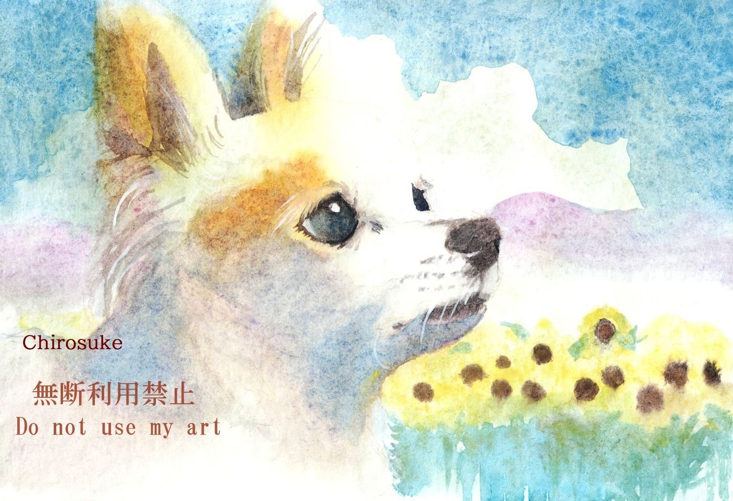 秋田犬 日本犬 夏 ひまわり 日本画 原画 絵画 水干絵具