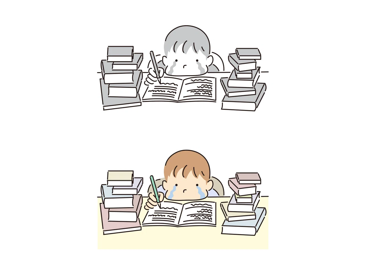 イラストAC・フリーイラスト情報 たくさんの宿題をする少年|bloom-design