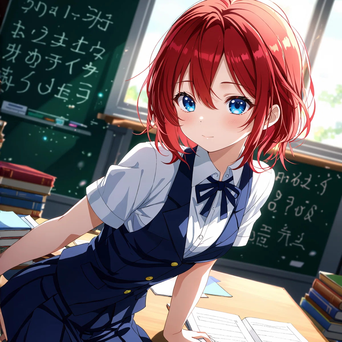 an animated female character with red hair and blue eyes sits at a desk in a classroom surrounded by books and a chalkboard filled with japanese characters wearing a white blouse and blue skirt