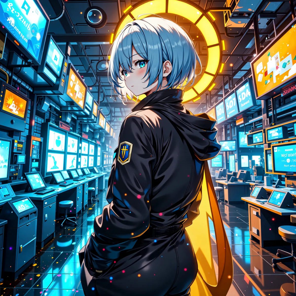 an animated character with blue hair and a halo - like circle on her head stands in a technologically advanced room filled with computer screens displaying various images