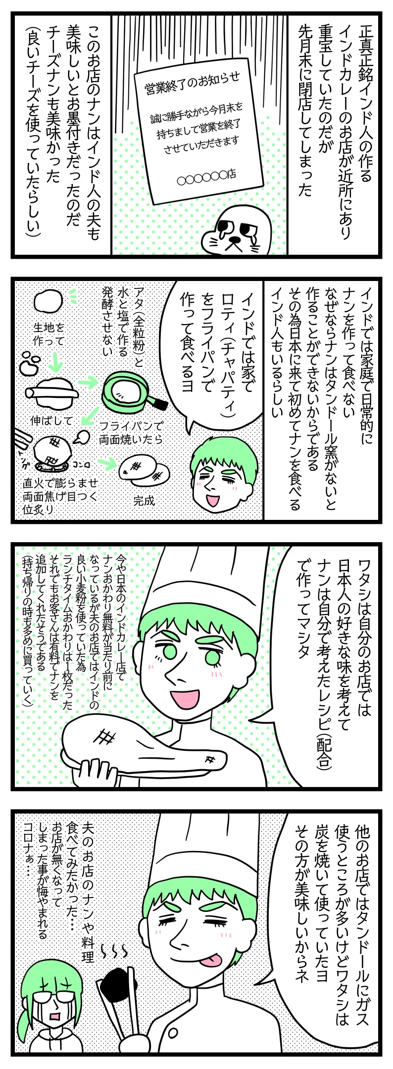 ４コマ漫画のテキスト
１：近所のインドカレー屋が営業終了
正真正銘インド人の作るインドカレーのお店が近所にあり重宝していたのだが先月末に閉店してしまった。このお店のナンはインド人の夫も美味しいとお墨付きだったのだ。チーズナンも美味かった（良いチーズをつかっていたらしい）。
２：インドでは家庭で日常的にナンを作って食べない
なぜならナンはタンドール窯がないと作ることができないからである。そのため日本に来て初めてナンを食べるインド人もいるらしい。夫「インドでは家でロティ（チャパティ）をフライパンで作って食べるヨ」生地を作って（アタ（全粒粉）と水と塩で作る。発酵させない）→生地を伸ばして→フライパンで両面焼いたら→直火で膨らまぜ両面に焦げ目つく位炙り完成
３：夫のお店では
夫「ワタシは自分のお店（日本）では日本人の好きな味を考えてナンは自分で考えたレシピ（配合）で作ってマシタ」今や日本のインドカレー店でナンおかわり無料が当たり前になっているが夫のお店ではインド産の良い小麦を使っていた為ランチタイムおかわりは１枚だった（原価が高いから）。それでもお客さんは有料でナンを追加してくれたそうである（持ち帰りの時も多めに買っていく）。
４：夫のお店での料理のこだわり
夫「他のお店ではタンドールにガス使うところが多いけど、私は炭を使っていたよ、その方が美味しいからね」津籠「夫のお店の料理やナンを食べてみたかった。コロナのせいでお店が無くなってしまった事が悔やまれる」