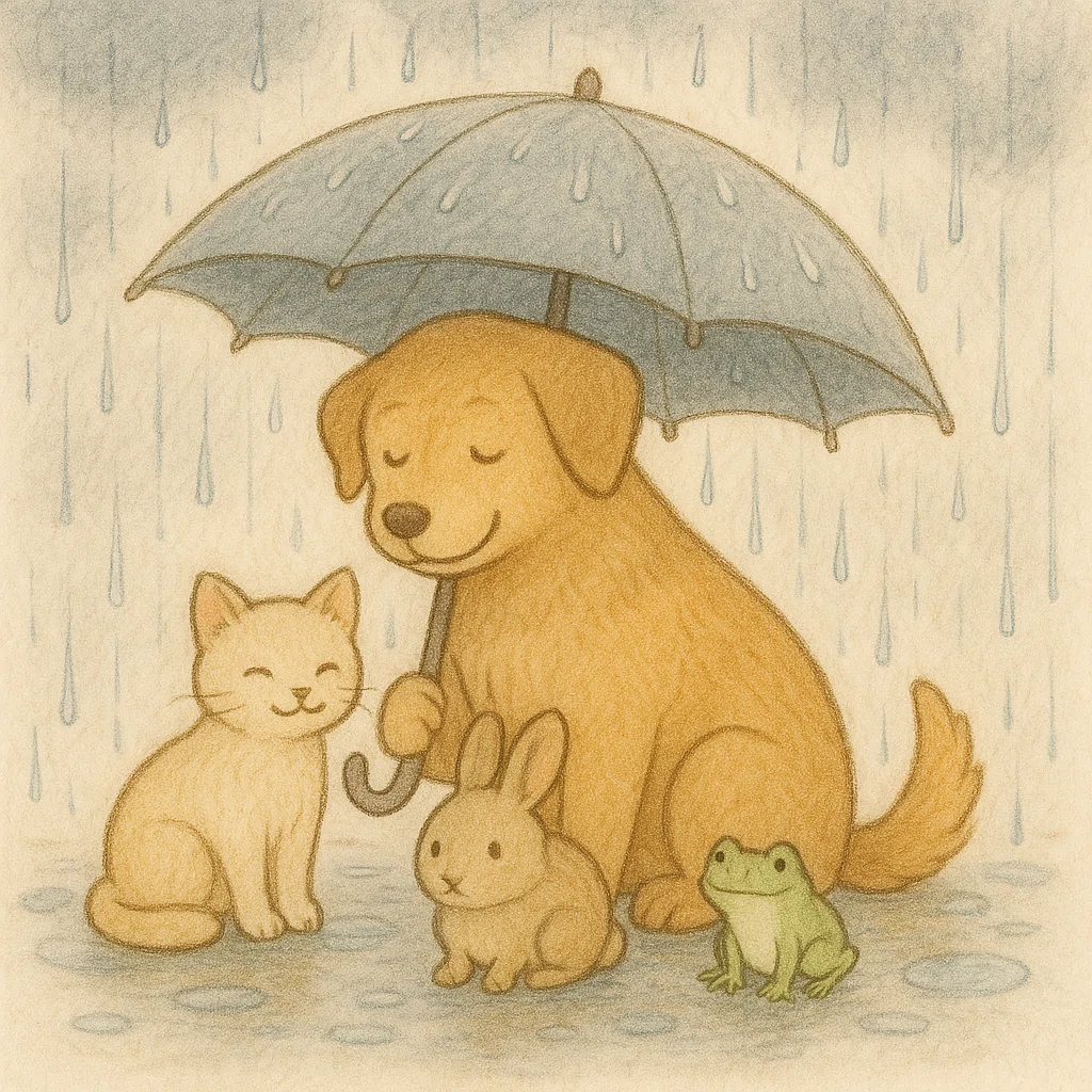 犬が青い傘をさしている。その下で、ねこ、うさぎ、かえるが雨宿り