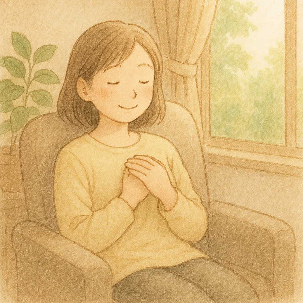 女性がソファに腰掛けて胸に手を当ててる絵