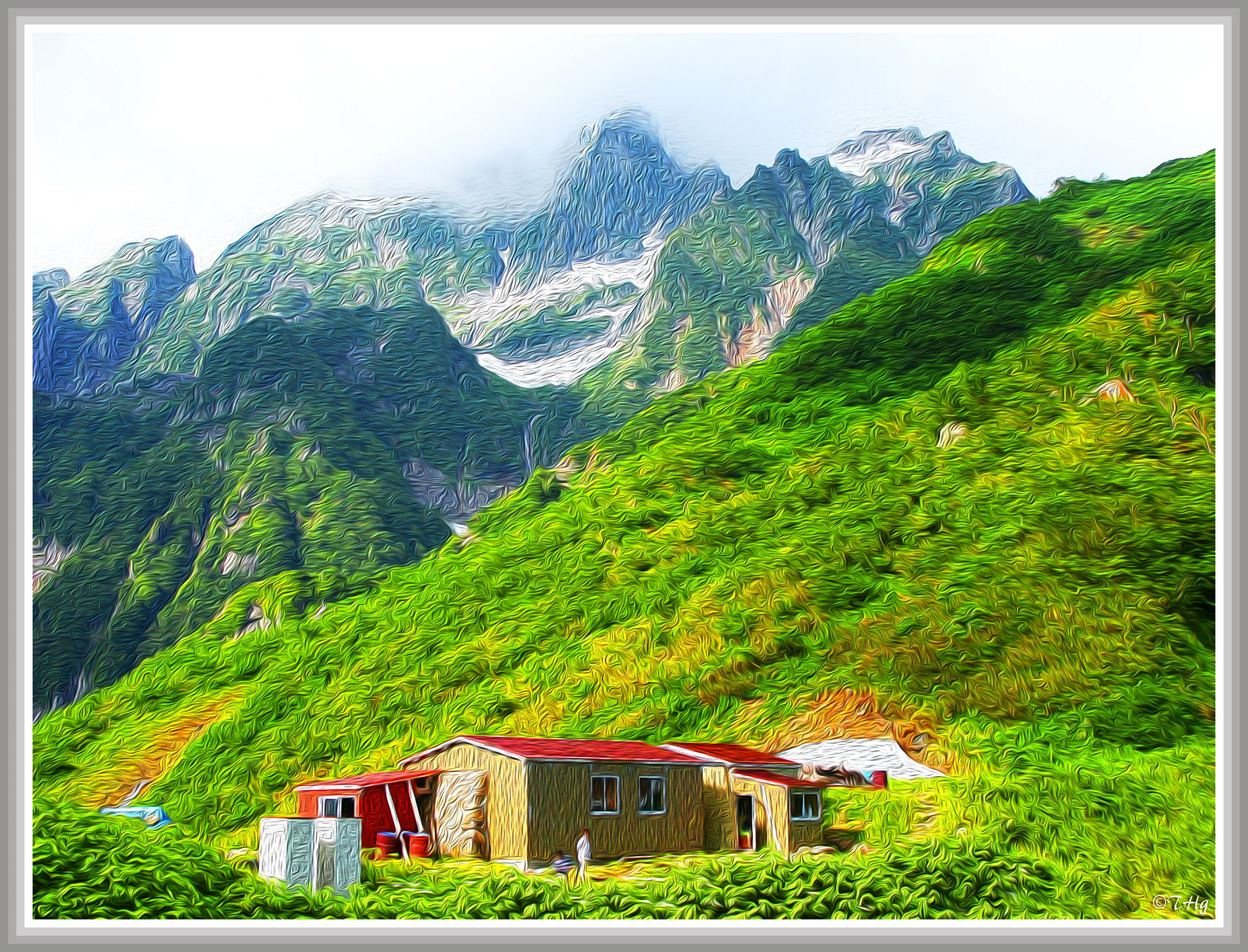 夏の池ノ平小屋（剱岳・油彩風）｜taka