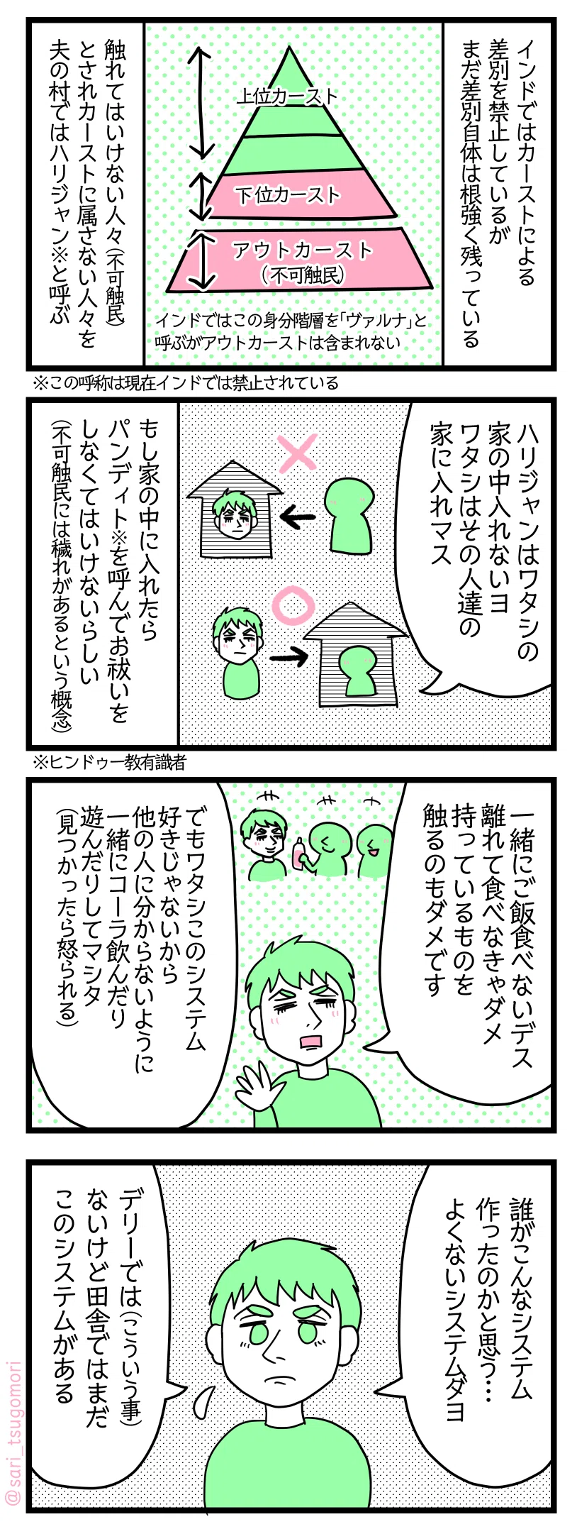 漫画のテキスト
1:不可触民の人々
インドではカーストによる差別を禁止しているがまだ差別自体は根強く残っている。触れてはいけない人々(不可触民)とされカースト(ヴァルナ)に属さない人々を夫の村ではハリジャンと呼んでいる。※この呼称は現在インドでは禁止されている
2:夫の村でのハリジャンの人々とのルール
夫「ハリジャンは私の家の中入れないヨ、ワタシはその人達の家に入れマス」もし家の中に入れたらパンディト(ヒンドゥー教有識者。ヒンドゥー教に関する儀式を行う)の人を呼んでお祓いのような事をしなくてはいけない(不可触民に穢れがあるという概念)
3:同じ場所での飲食禁止
夫「一緒にご飯食べないデス。離れて食べなきゃダメ。持っているものを触るのもダメです。でもワタシこのシステム好きじゃないから他の人に分からないように一緒にコーラ飲んだり遊んだりしてマシタ(見つかったら怒られる)」
4:誰がこんなルールを作ったのか
夫「誰がこんなシステム作ったのかと思う。よくないシステムダヨ 。デリーでは(こういう事)ないけど田舎ではこのシステムがある