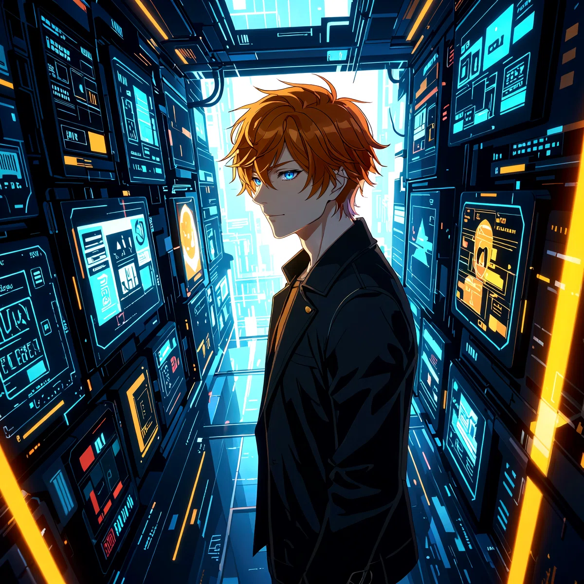 a young man with orange hair and blue eyes stands in a futuristic control room filled with computer monitors displaying various images surrounded by a dark and moody atmosphere