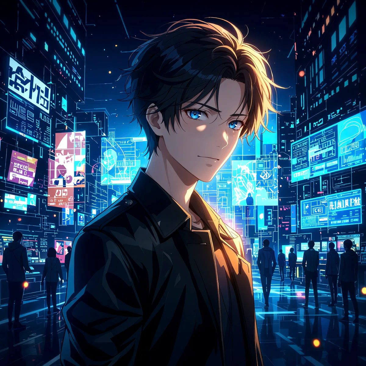 in a futuristic setting a young man with blue eyes and dark hair wears a black suit and yellow tie amidst an array of screens displaying various images