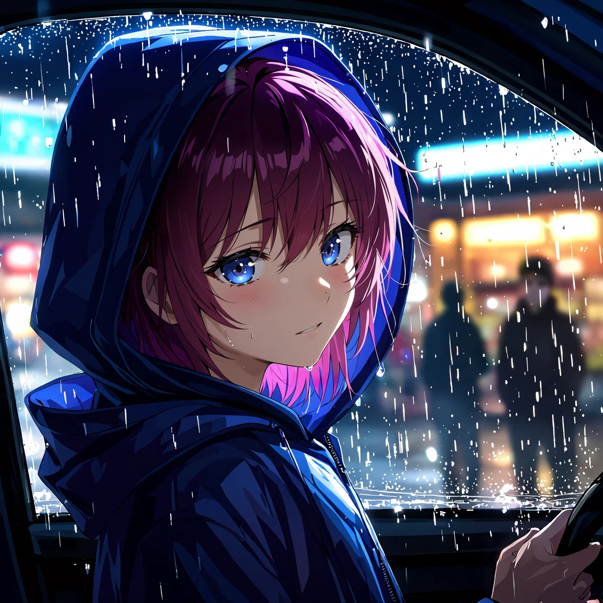 an animated female character with red - brown hair and blue eyes stands in the rain wearing a blue hooded jacket amidst a bustling nighttime cityscape with neon lights