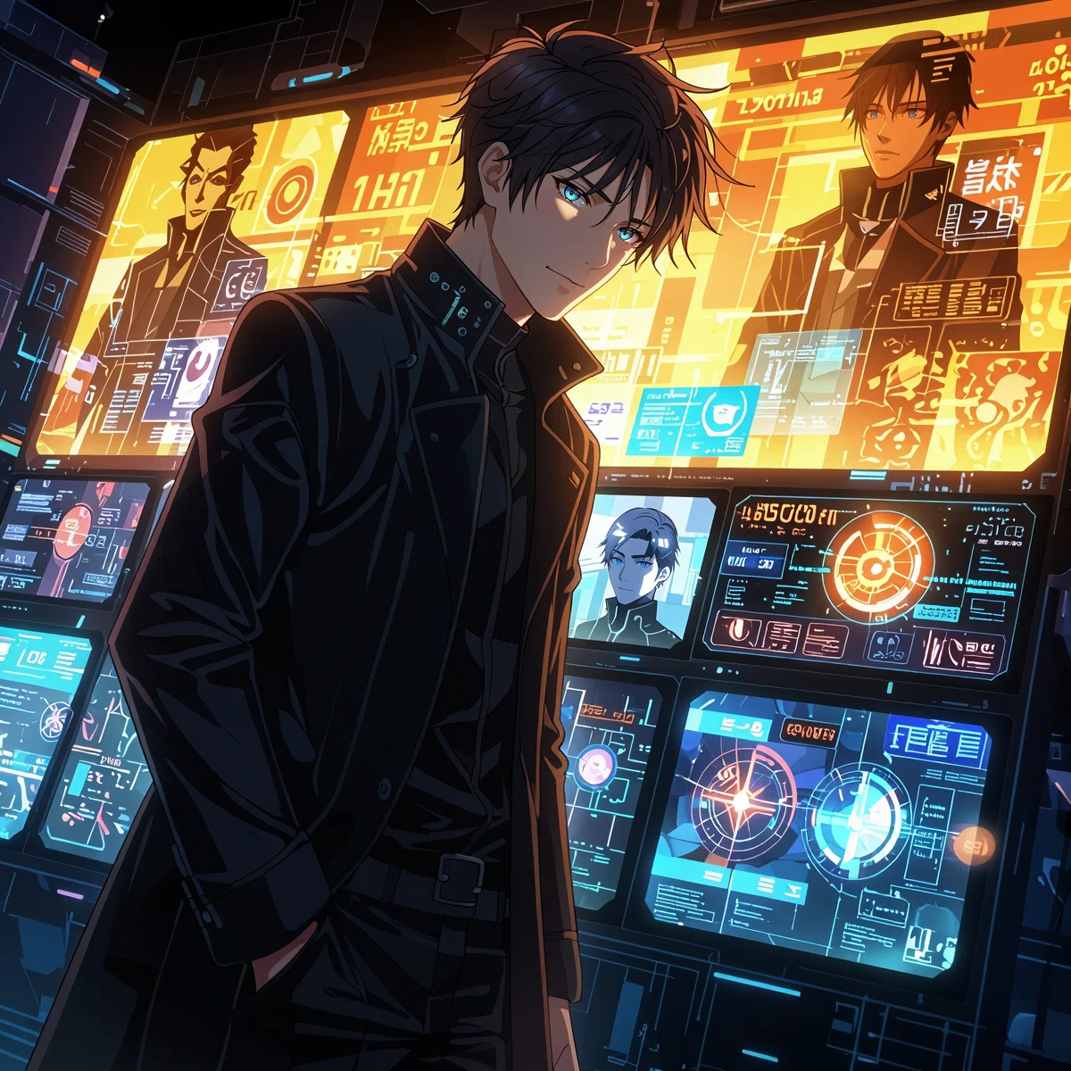 a male animated character with dark hair and blue eyes stands in front of a futuristic cityscape with holographic displays wearing a black jacket and pants surrounded by a predominantly blue orange screen