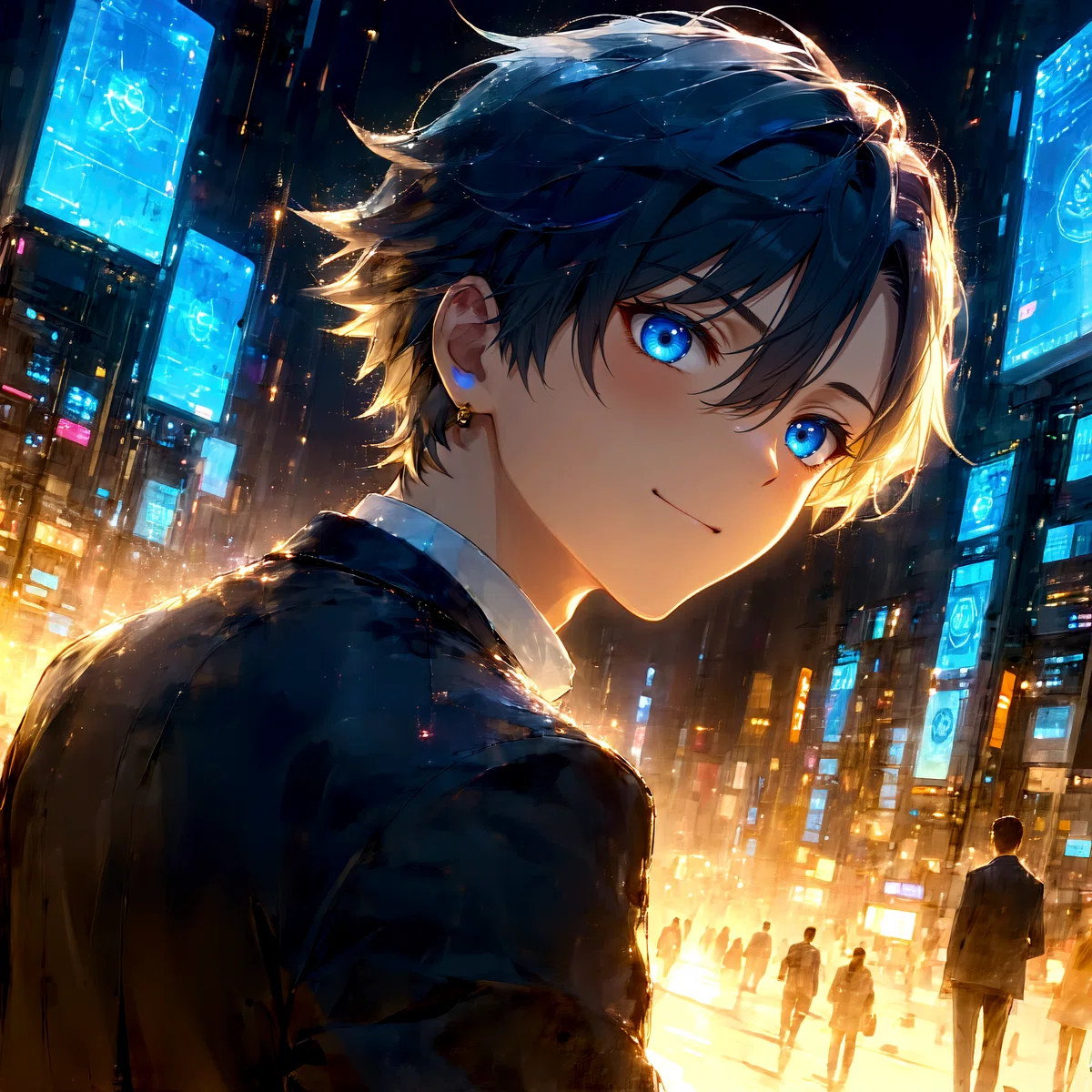 Stable Diffusion 3.5 large Anime illustration of a young cyberpunk man