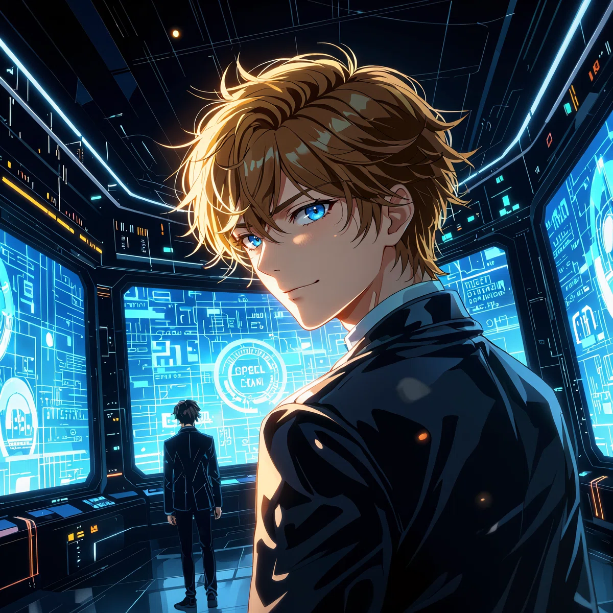a young man with blonde hair and blue eyes stands in a high - tech control room or control room surrounded by digital screens displaying various data and symbols with a silhouetted figure
