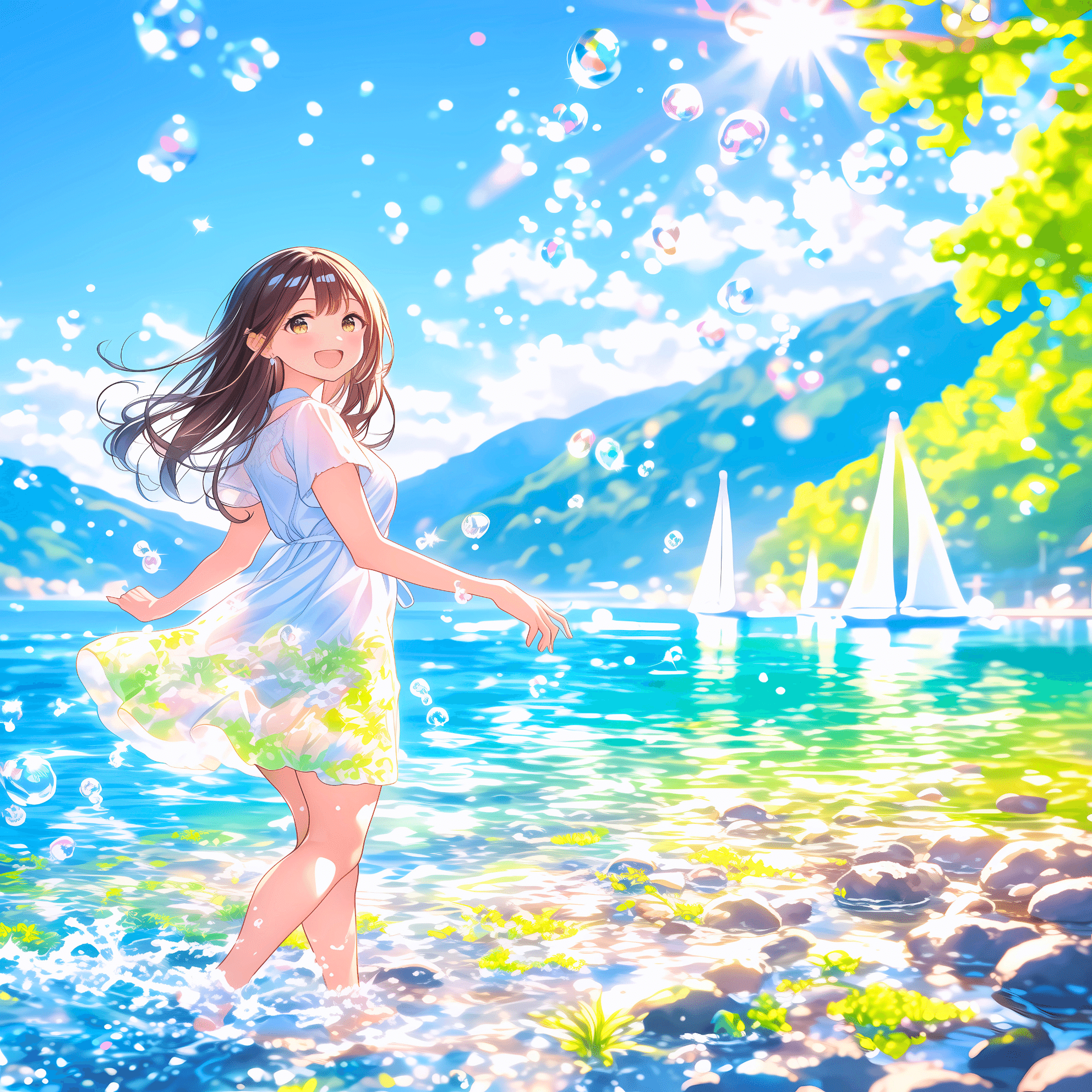 光る夏と水面に【AIイラスト＋4コマ漫画】｜Alpaka