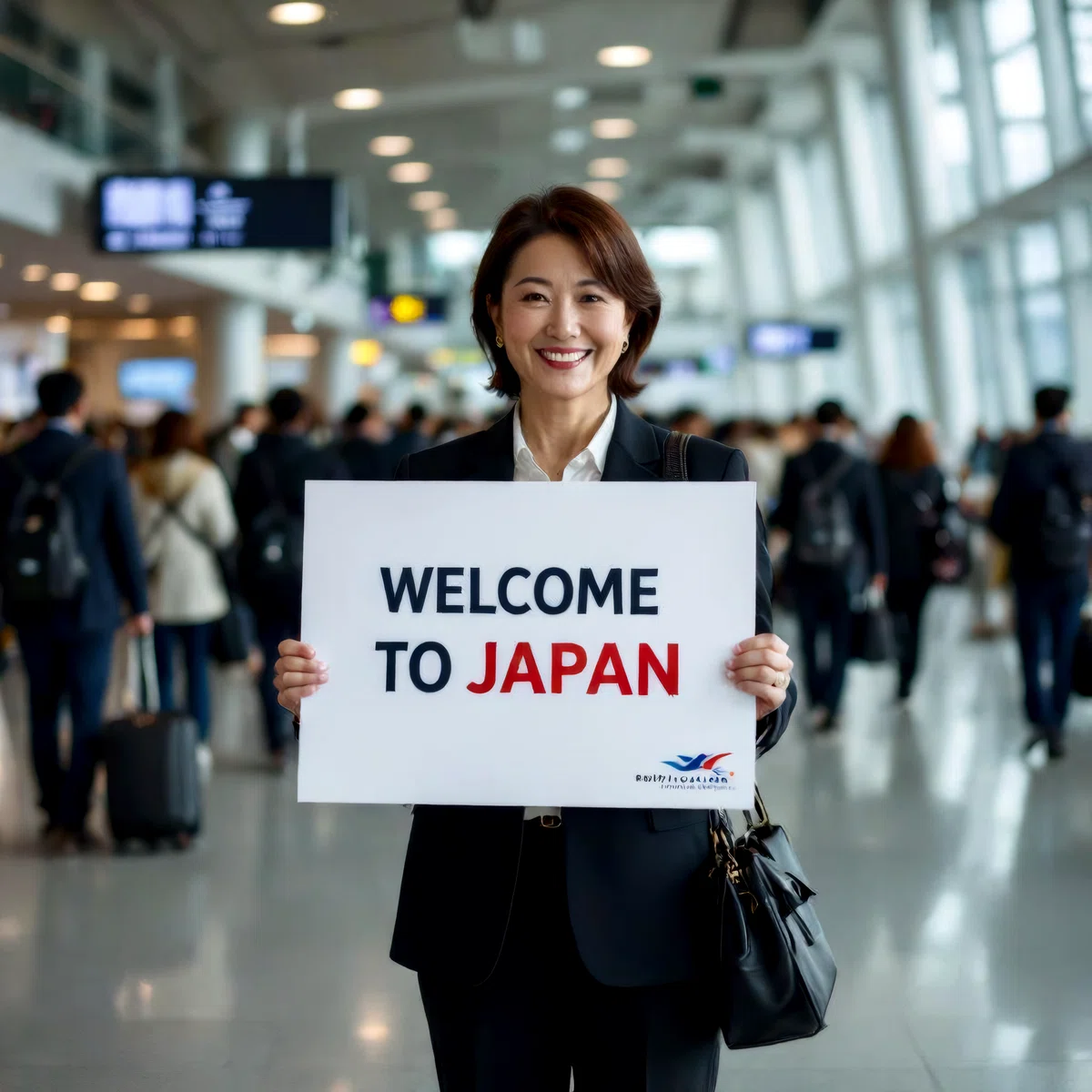 Photo of a middle-aged Japanese woman smiling and welcoming people with a large placard reading “welcome to Japan” in the arrival lobby of an airport