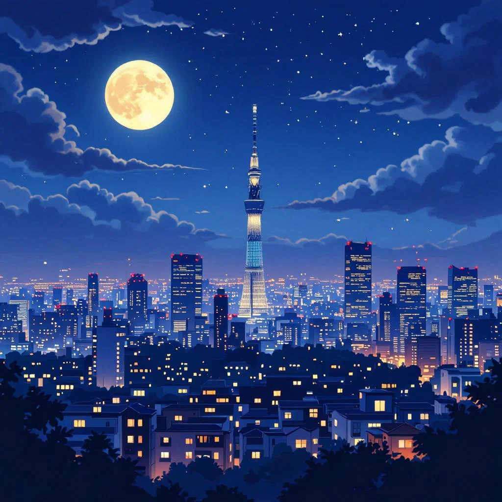 Anime illustration of a night view of Tokyo, Japan, with Sky Tree in the distance