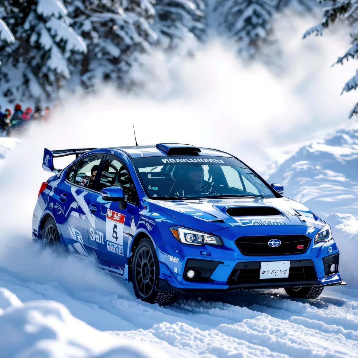 Realistic illustration of a blue Subaru rally car racing down a snowy road