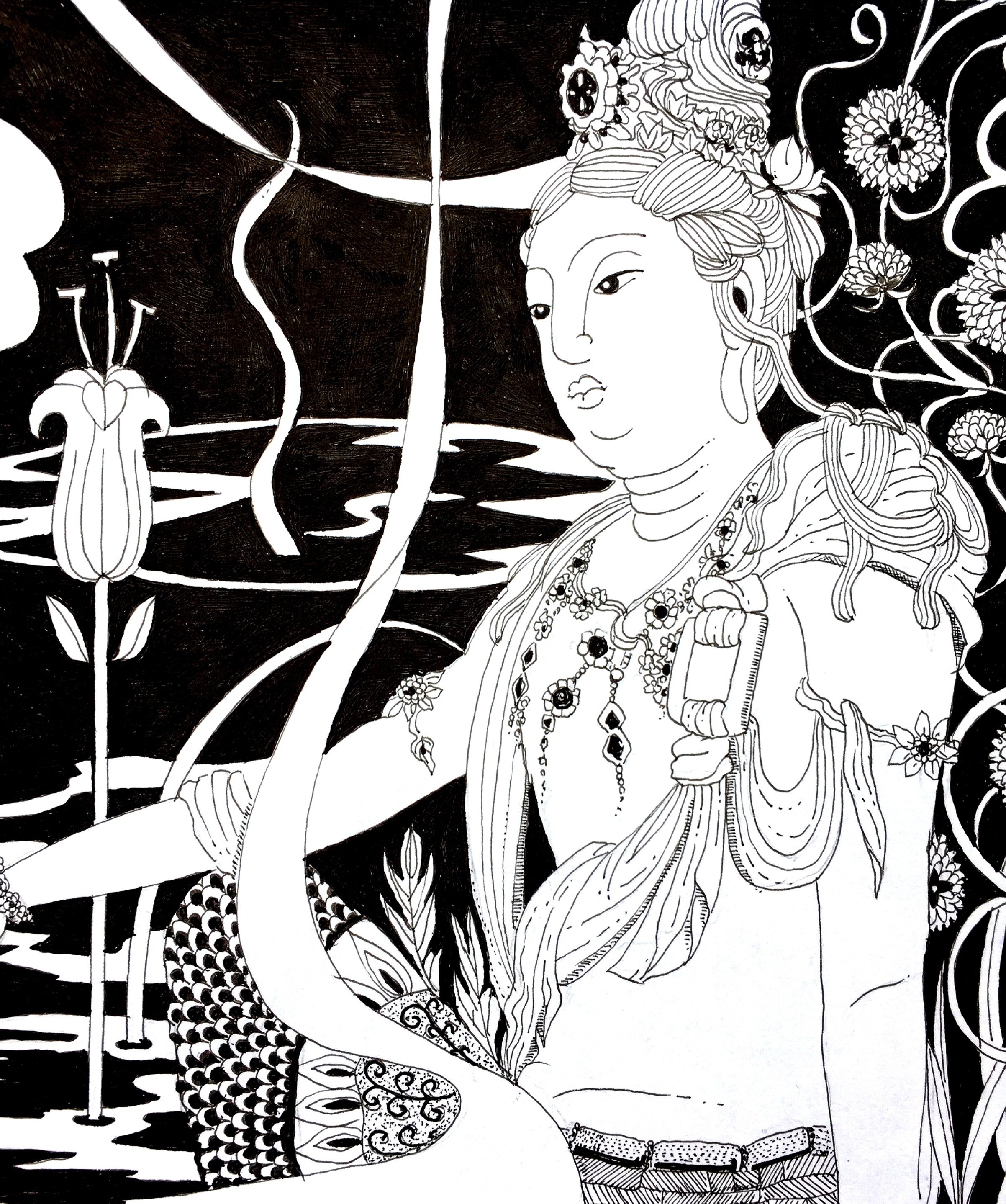【真作】絵画　水墨画　観音菩薩像　静謐な観音菩薩　仏画　優美な筆致　W173 真作】絵画 水墨画 観音菩薩像 静謐な観音菩薩 仏画 優美な筆致