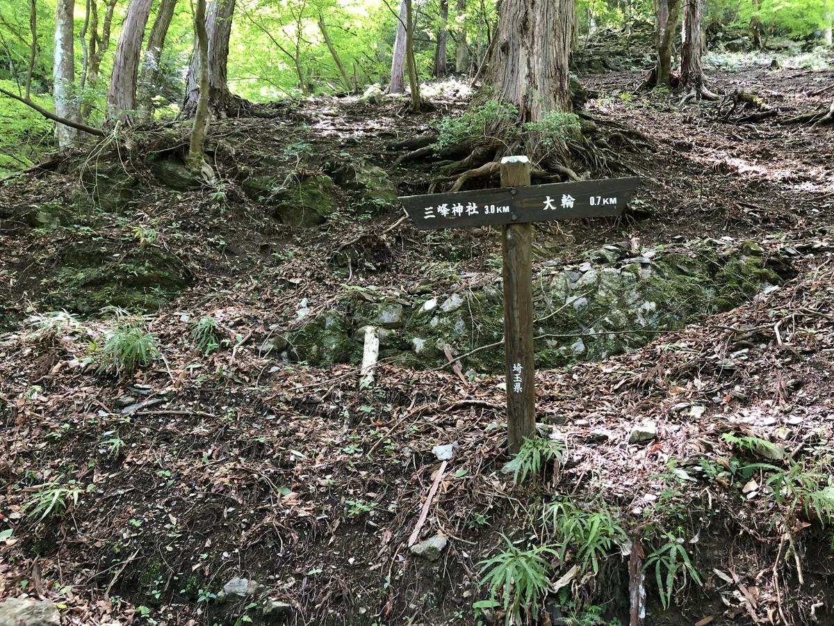 土の山道と三峯神社への道標