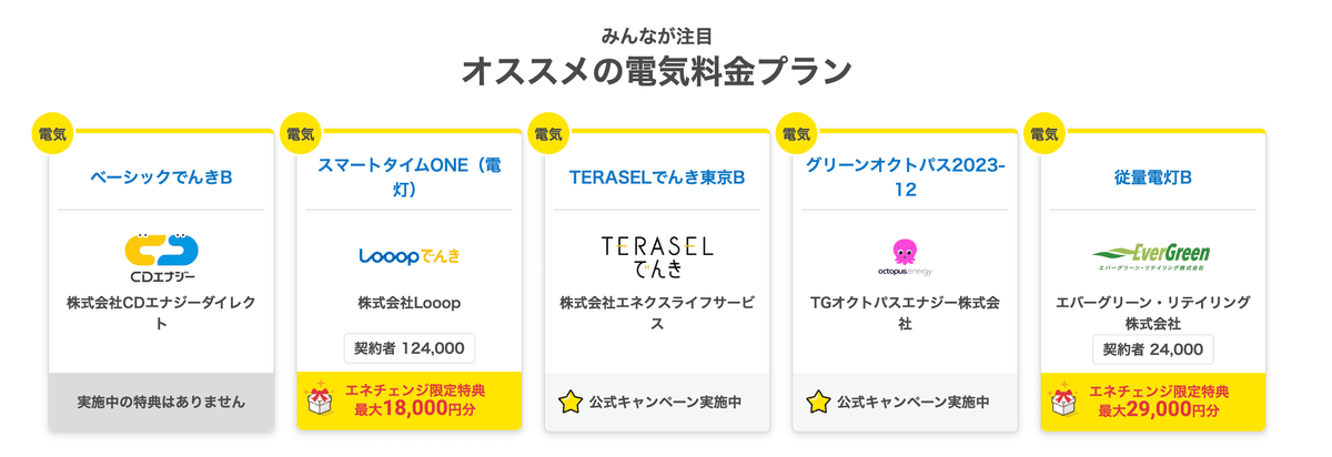 オススメの電気料金プランの特典表示(2025年4月30日時点)