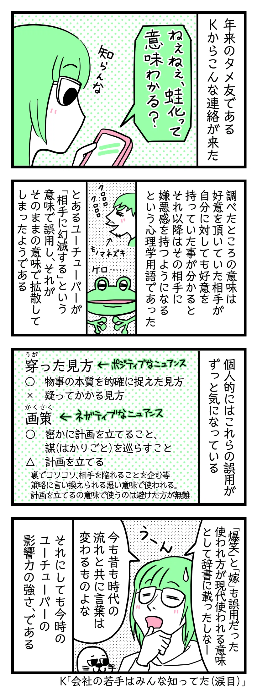 4コマ漫画のテキスト
1:年来のタメ友であるKからこんな連絡がきた
Kのメッセージ「ねぇねぇ、蛙化って意味分かる?」津籠「知らんな」
2:意味を調べた
調べたところの意味は好意を頂いていた相手が自分に対しても好意を持っていた事が分かるとそれ以降はその相手に嫌悪感を持つようになるという心理学用語であった。とあるユーチューバーが「相手に幻滅する」という意味で誤用し、それがそのままの意味で拡散してしまったようである。K「会社の若手はみんな意味知ってた(涙目)」
3:個人的に気になる誤用
穿うがった見方←本来ポジティブなニュアンス
⭕ 物事の本質を的確に捉えた見方
❌ 疑ってかかる見方
画策かくさく←本来ネガティブなニュアンス
⭕ 密かに計画を立てる事、謀はかりごとを巡らす事。
🔺 計画を立てる
裏でコソコソ、相手を陥れる事を企む等策略に言い換えられる悪い意味で使われる。計画を立てるの意味で使うのは避けた方が無難。
4:時代の流れで言葉は変化する
津籠「爆笑と嫁も誤用だった使われ方が現代使われる意味として辞書に載ったしなー。今も昔も時代の流れと共に言葉は変わるものよな」それにしても今どきのYouTuberの影響力の強さ、である。