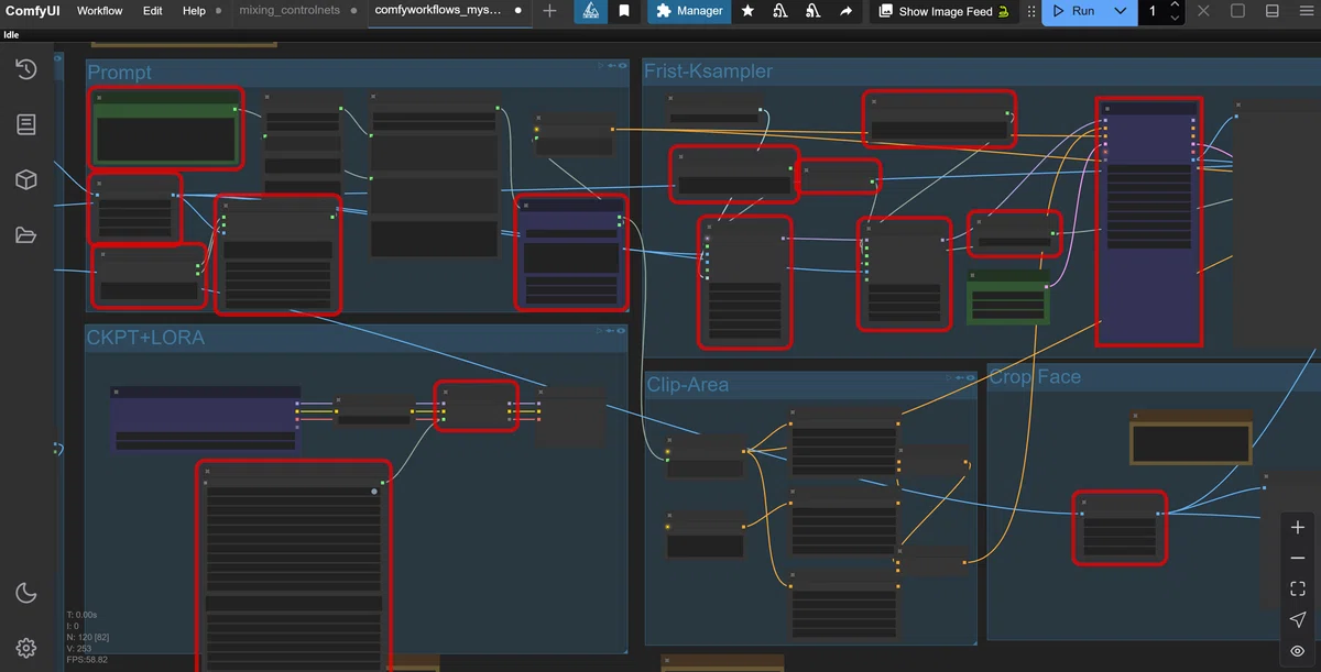 Screen showing missing custom nodes in ComfyUI circled in red