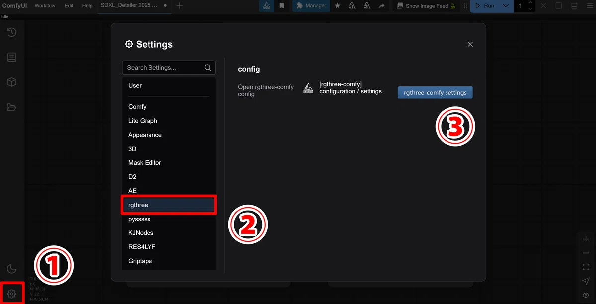 ComfyUI's rgthree selection screen on the configuration page with comment