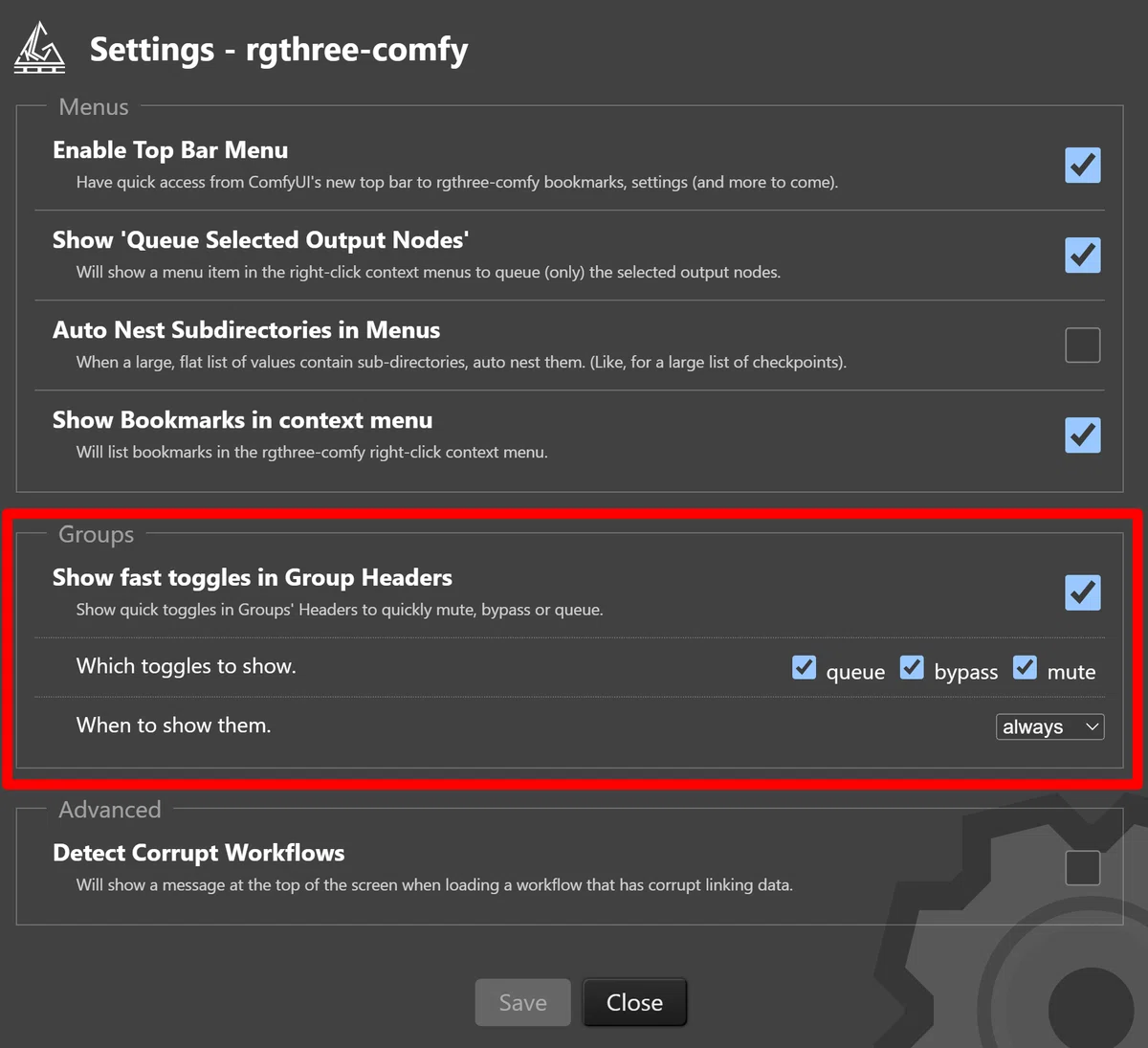gthree-comfy configuration page with comment