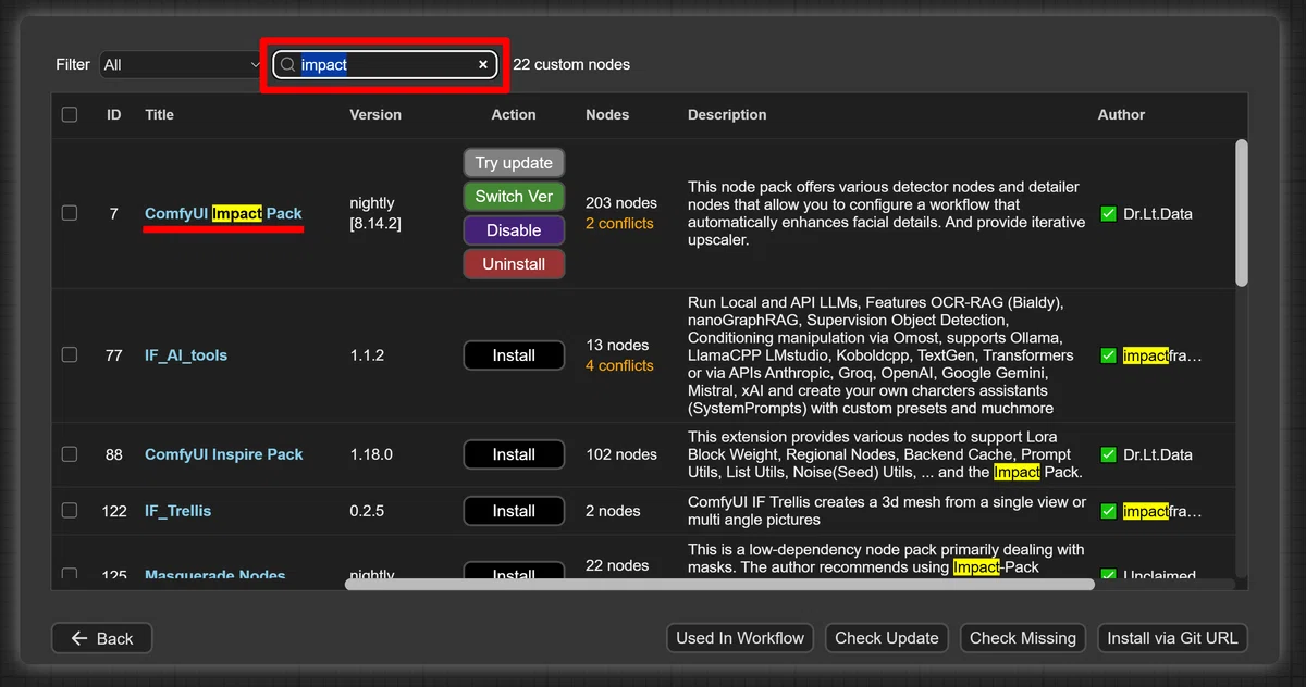 comfyui manager's impact pack search screen with comment