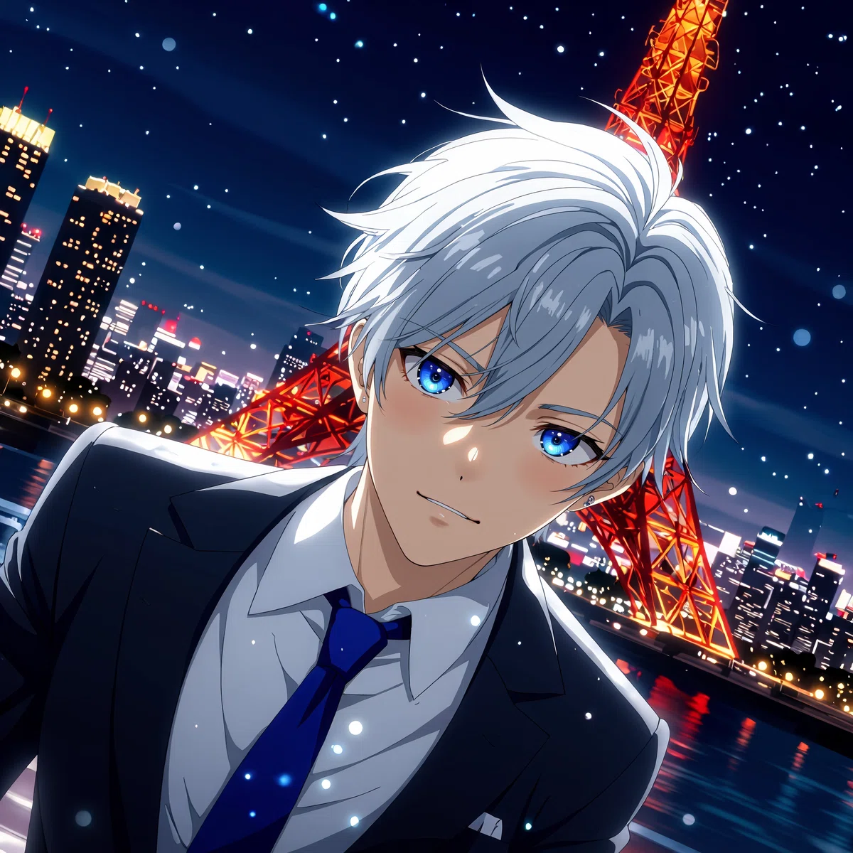 an animated male character with silver hair and blue eyes wears a black suit and tie standing in front of a nighttime cityscape featuring the illuminated Tokyo tower