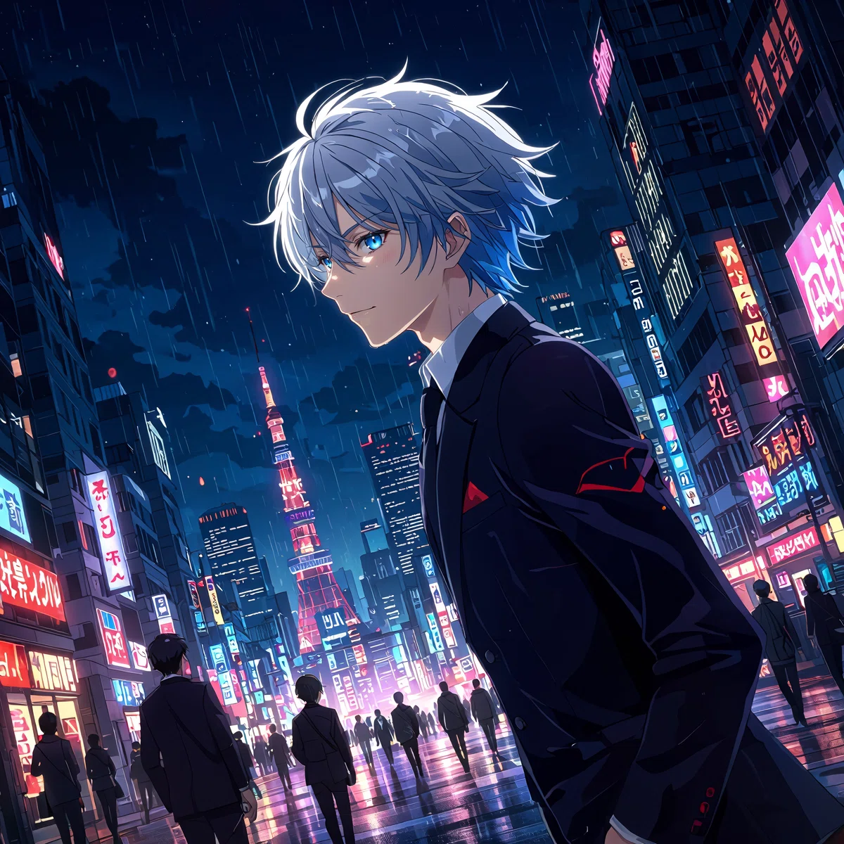 an animated male character with silver hair and blue eyes stands in a bustling neon - lit city at night surrounded by tall buildings with foreign language signs under a dark rainy atmosphere