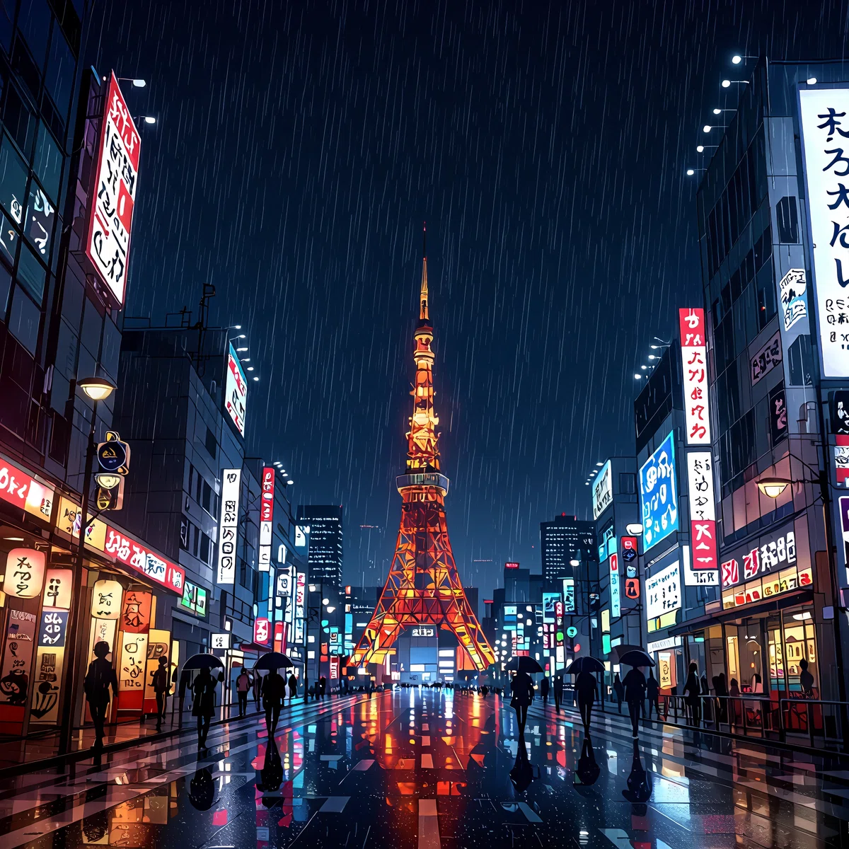 Anime illustration of Tokyo Tower in the rain