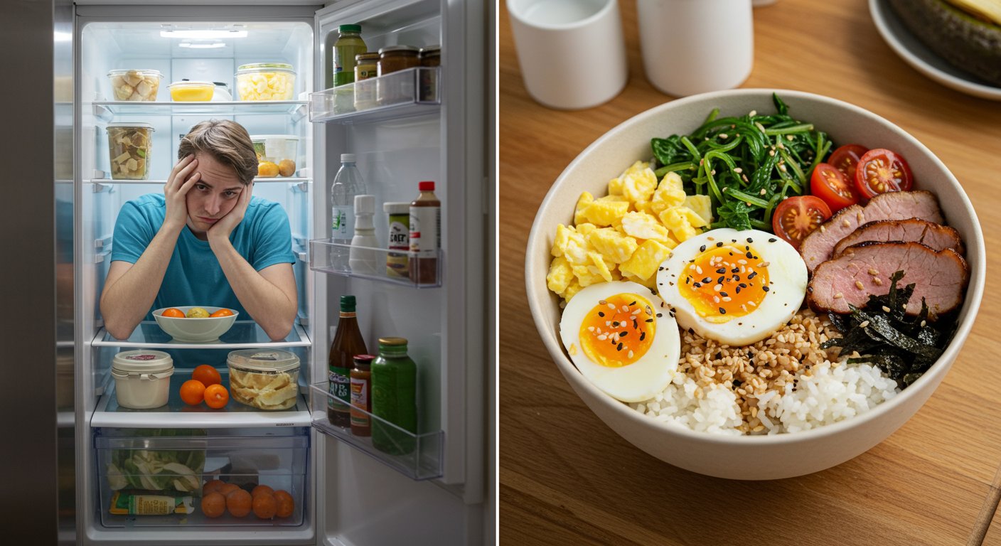 冷蔵庫の前で困っている様子と、完成した高タンパク丼の対比