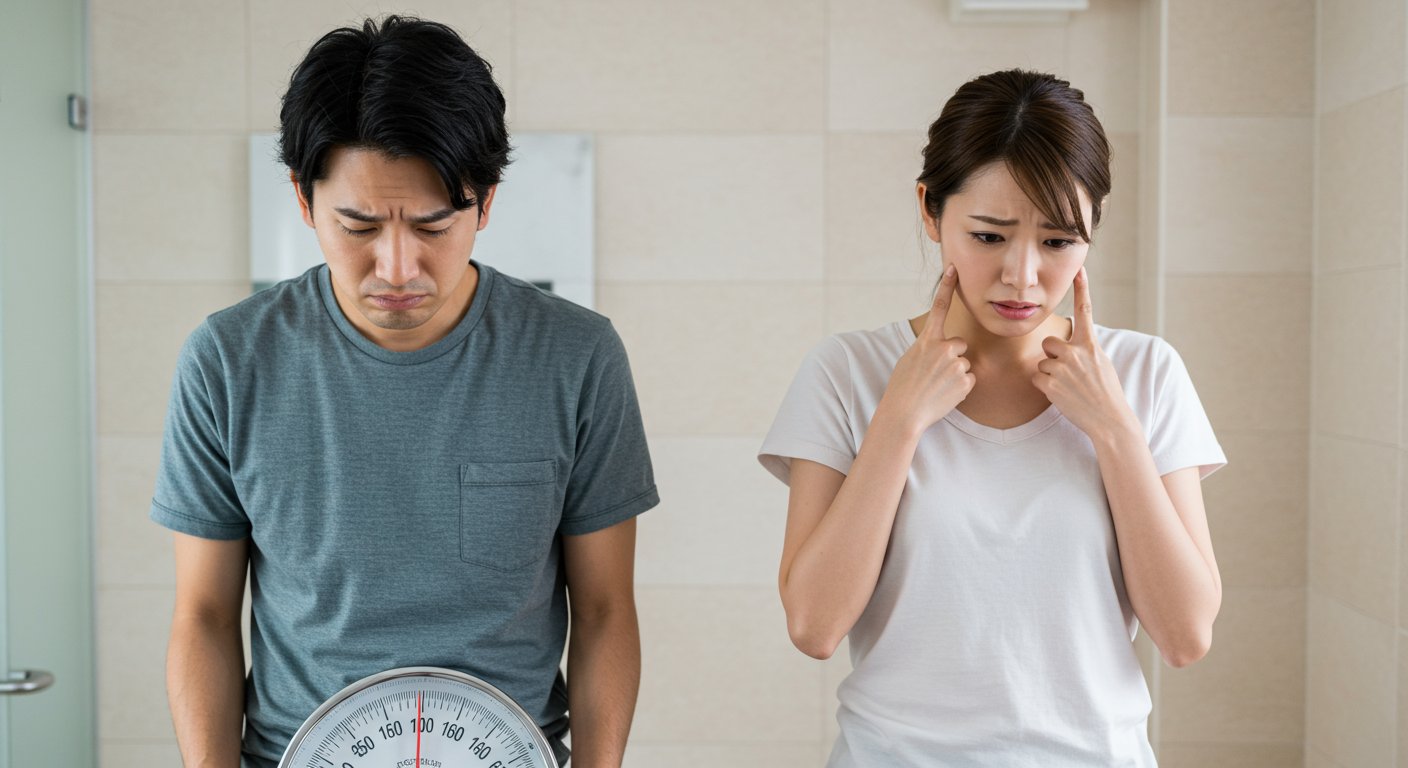 30代の男女が体重計に乗って困っている様子