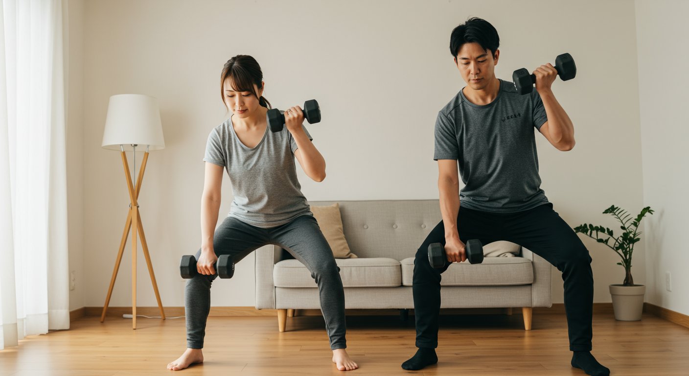 30代の男女が適切な重さのダンベルでトレーニングしている様子