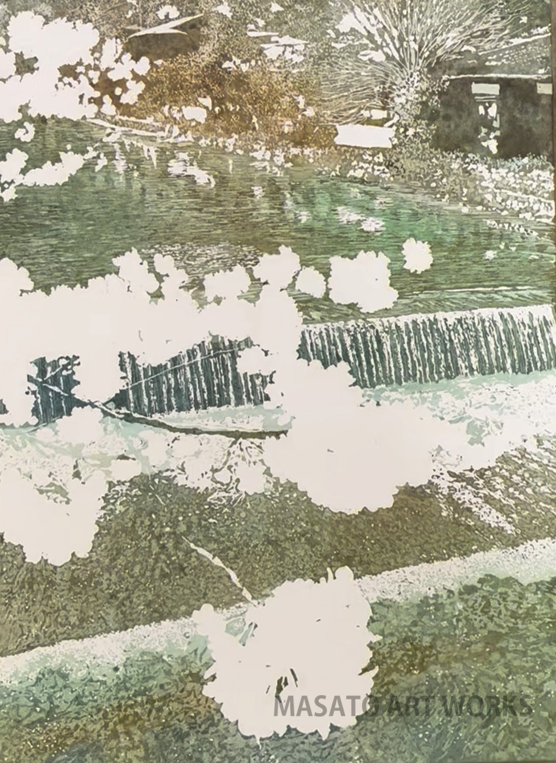 水彩画新作です・・・今年の春に行った京都嵐山、川と桜の風景｜MASATO