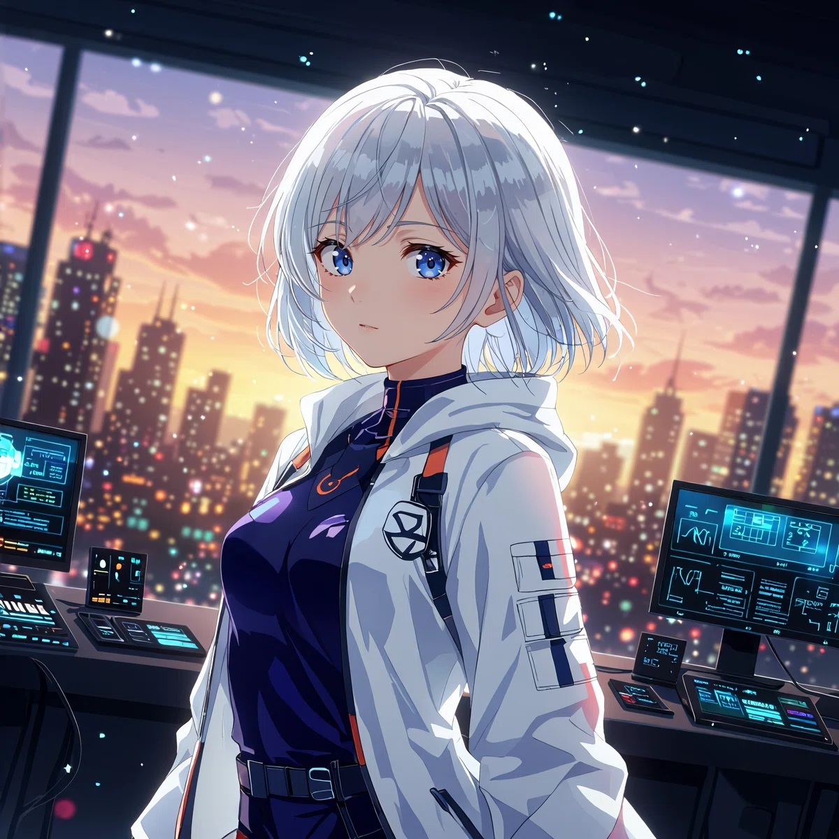a female animated character with silver hair and blue eyes stands in a futuristic setting wearing a white jacket with orange and black accents looking out at a cityscape at sunset
