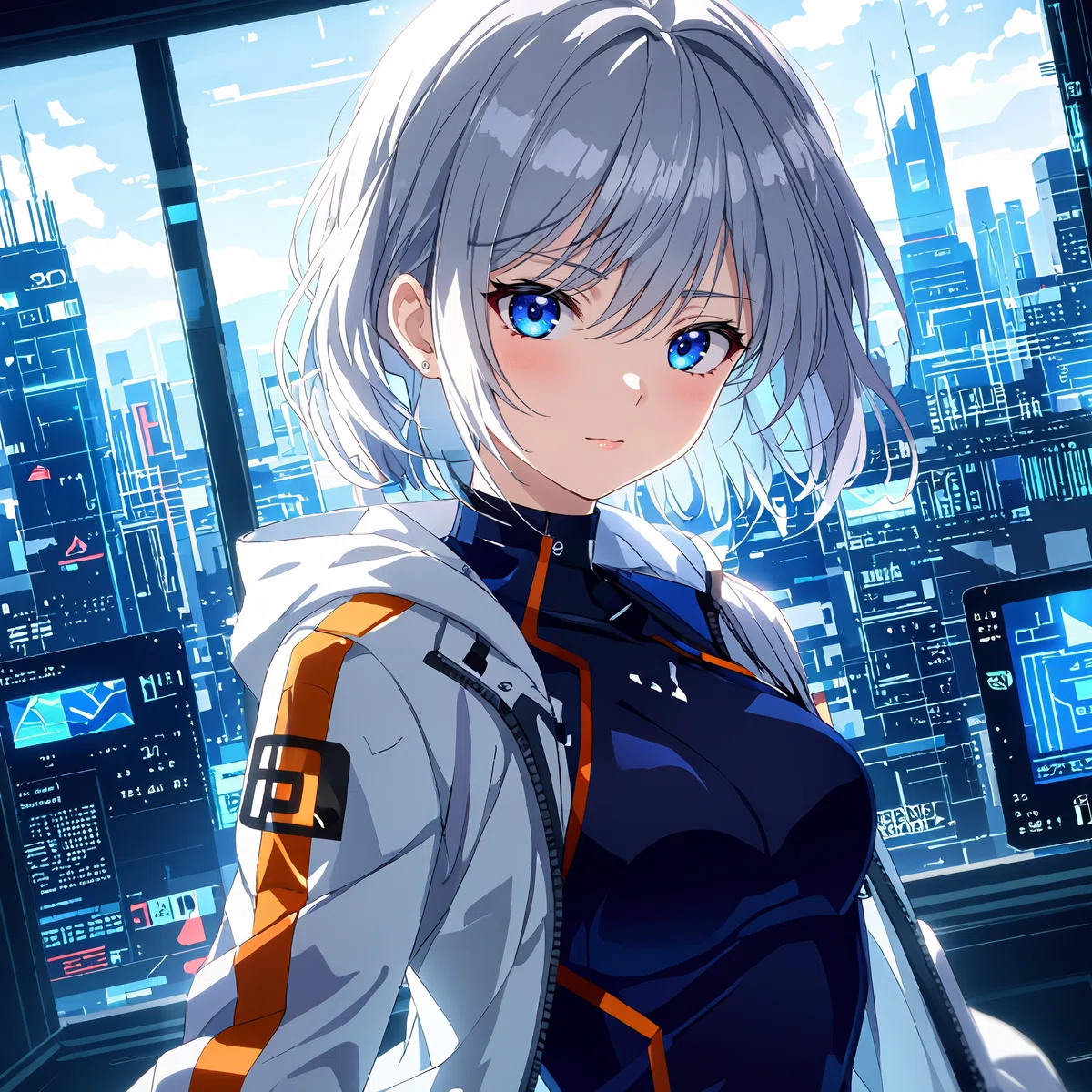 an animated female character with silver hair blue eyes and a futuristic outfit stands before a large window revealing a bustling city where she gazes out at the buildings